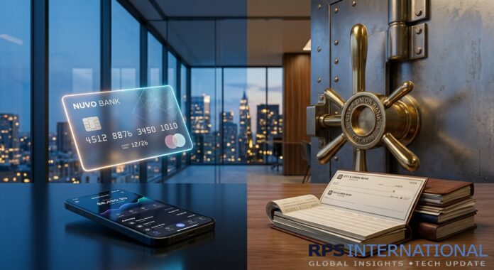 Neobanks vs Traditional Banks A comparison of digital neobanking tools versus traditional institutional banking elements in a modern office.