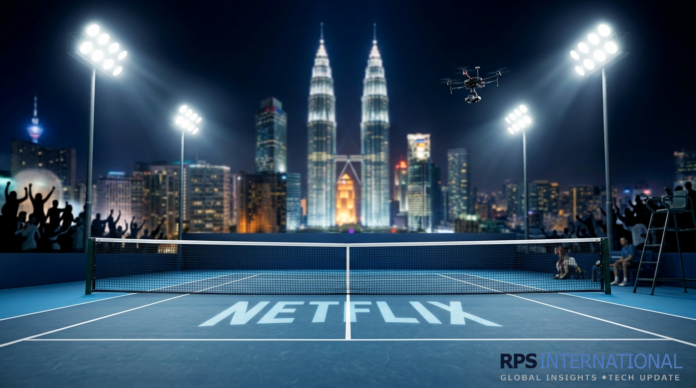 Netflix Secures Exclusive Global Rights to Tennis Grand Slams Netflix-branded tennis broadcast concept featuring a professional court and high-tech camera equipment.