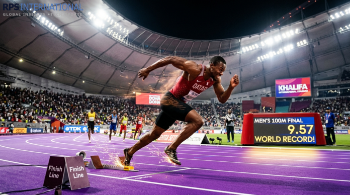 Sprinter breaking the 100m world record at the Doha Diamond League 2026.