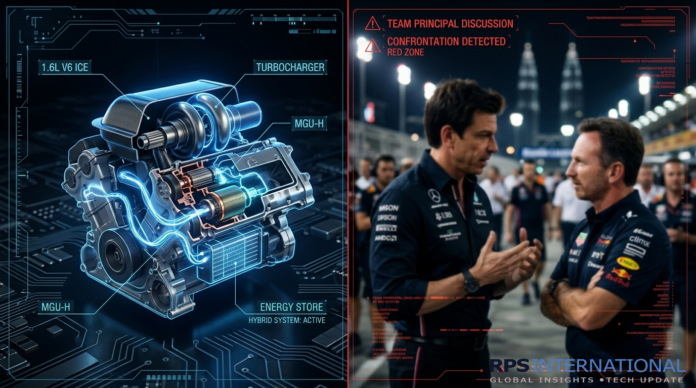 A 2026 F1 power unit visualization alongside a conceptual representation of team leadership disputes.