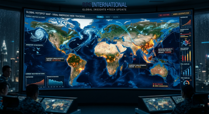 New AI System Predicts Zoonotic Spillovers Before They Happen A global biosecurity dashboard showing AI-predicted viral spillover risk zones.