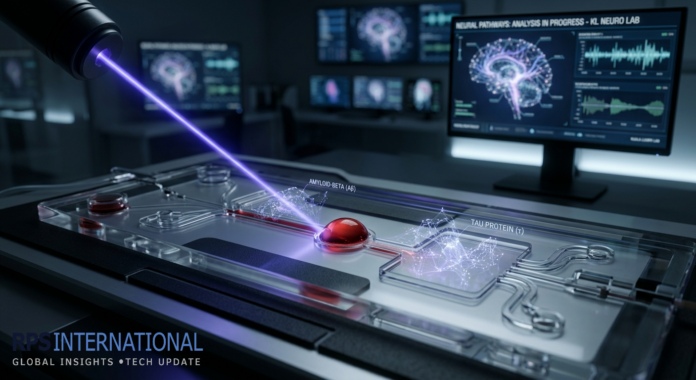 New Blood Test Detects Early-Stage Plaque 15 Years Before Symptoms Microfluidic blood analysis showing the detection of early-stage Alzheimer’s biomarkers.