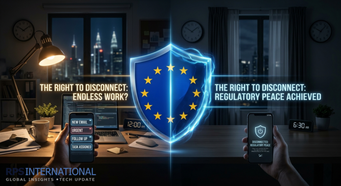 Conceptual representation of the EU Right to Disconnect law shielding an employee from late-night digital notifications.