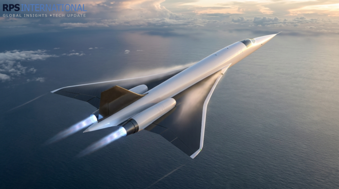 A next-generation supersonic passenger jet flying at high altitude.