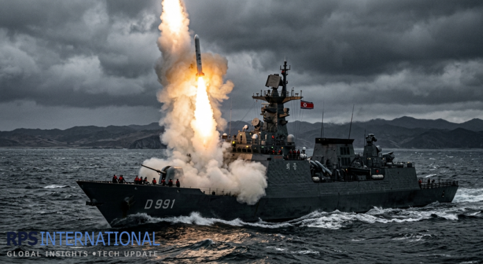 North Korea Conducts New Strategic Cruise Missile Tests from Naval Destroyer North Korean naval vessel launching a strategic cruise missile during 2026 tests.