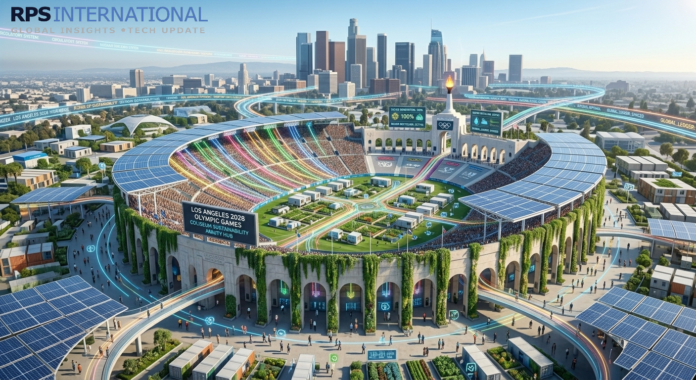 Architectural concept of the Los Angeles Memorial Coliseum with sustainable upgrades for the 2028 Olympics.