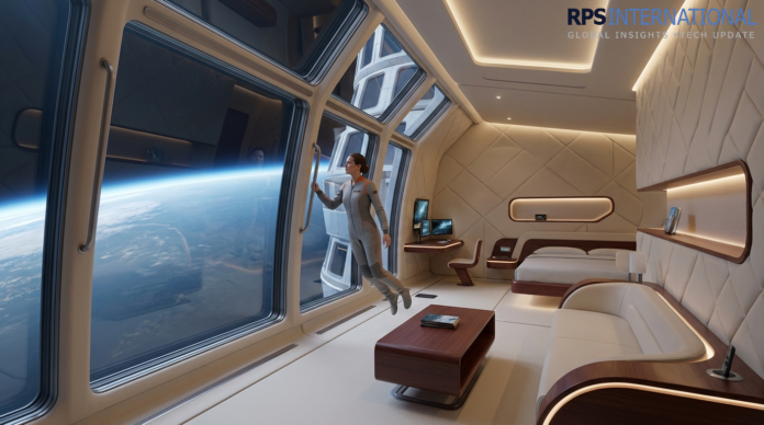 Interior of a luxury space hotel suite with a panoramic view of Earth from orbit.