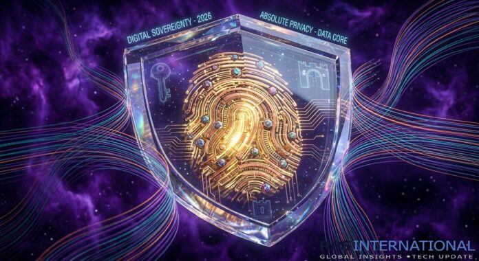 A glowing digital shield with blockchain circuitry representing user-owned identity and Web 3.0 privacy.