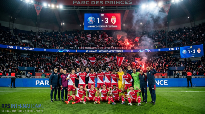 AS Monaco players celebrate a 3-1 away win against Paris Saint-Germain.