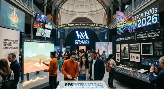 A vibrant exhibition inside the Victoria and Albert Museum (V&A) titled "Pixels and Paintings." Diverse visitors interact with glowing touchscreens and glass displays showing game art from Elden Ring, Journey, and Shadow of the Colossus. A central lit archway reads "V&A PIXELS AND PAINTINGS," and a banner highlights the timeline "FROM 1970s TO 2026."
