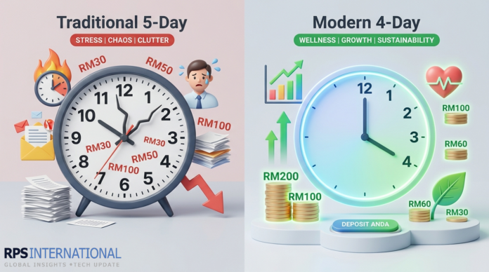 Infographic comparing 5-day and 4-day work week productivity and wellness metrics.