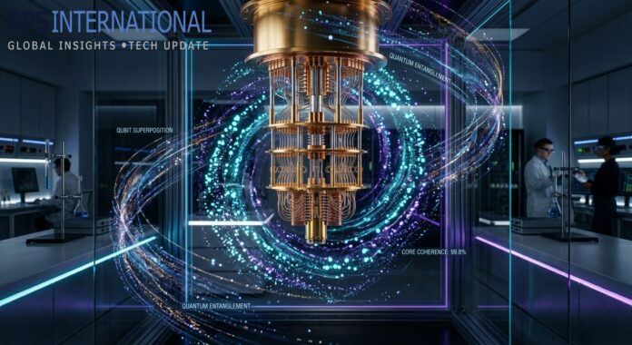 Quantum Computing A golden quantum computer core with glowing cyan qubits and digital data streams in a dark laboratory.