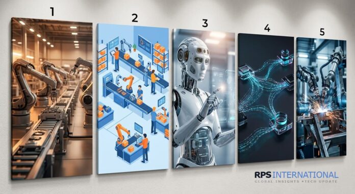 A wide cinematic shot of an automated factory line with sleek robotic arms working over a conveyor belt under warm amber lighting