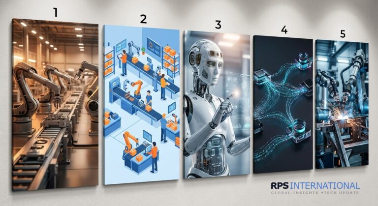 A wide cinematic shot of an automated factory line with sleek robotic arms working over a conveyor belt under warm amber lighting