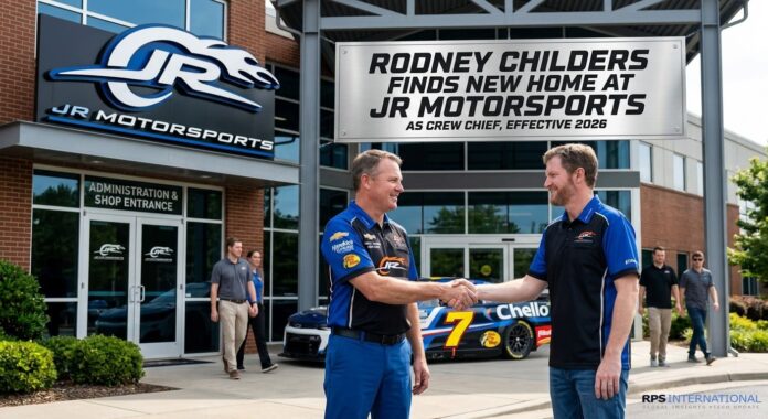 Rodney Childers shaking hands with a representative outside the JR Motorsports headquarters.