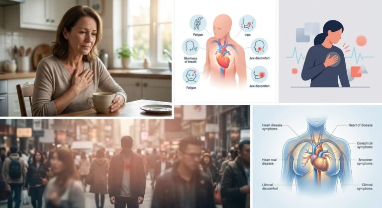 A middle-aged woman sitting at a kitchen table holding a coffee cup with a pained expression and a hand pressed against her chest