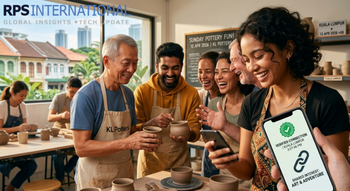 Social Wellness A group of people meeting in person through a social wellness friendship app.