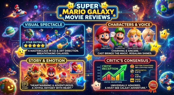 A four-panel infographic analyzing reviews for the Super Mario Galaxy Movie. Panels show a 5-star visual spectacle with Mario and Luigi jumping; a character and voice section with Chris Pratt, Charlie Day, Anya Taylor-Joy, and Brie Larson; a story panel with Bowser and Mario; and a "CRITIC'S CONSENSUS" with a rising green arrow chart.