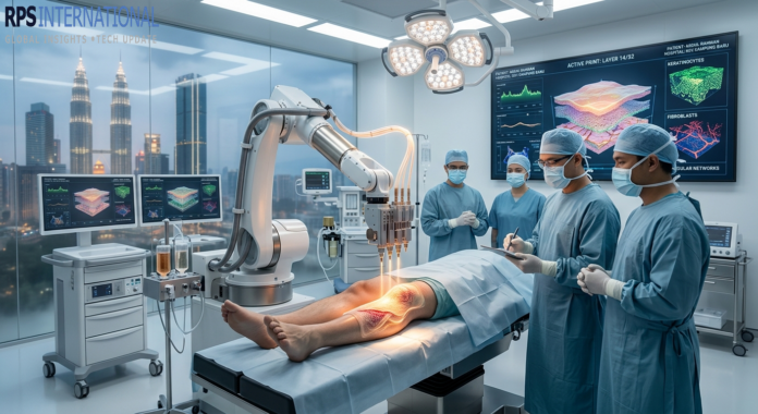 Surgeons Successfully Transplant First Lab-Grown Skin Graft A surgical 3D bioprinter applying a custom-made skin graft to a patient.