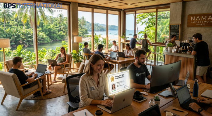Professional remote workers in a tropical Thai co-working space during the 2026 visa surge