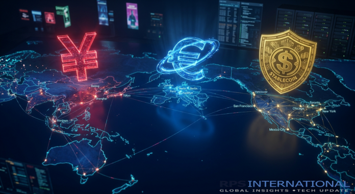 Digital visualization of the global CBDC race between the Digital Yuan, Digital Euro, and U.S. stablecoins.