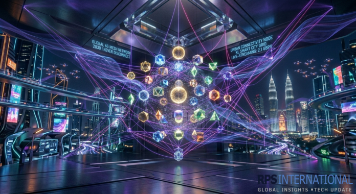 A futuristic city landscape showcasing 6G wireless connectivity through holographic waves and smart infrastructure.