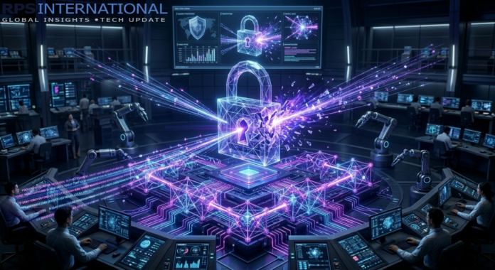 Illustration of a quantum-resistant encryption lock protected by lattice-based cryptographic structures