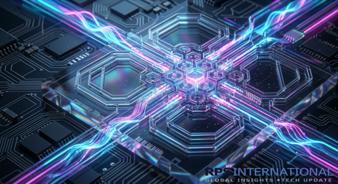 Illustration of an optical computing chip using light instead of electricity for data processing.