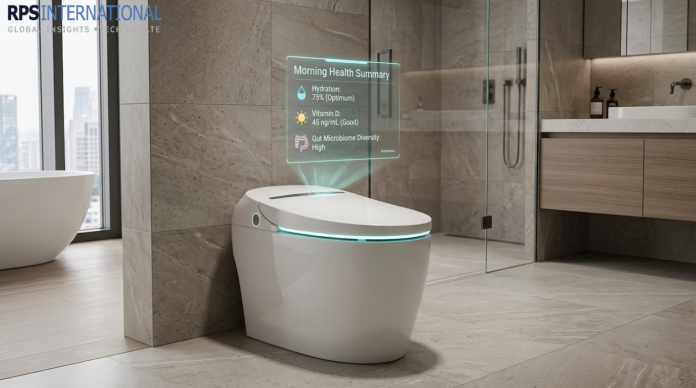 A futuristic smart toilet with a holographic health dashboard displaying nutrient analysis.