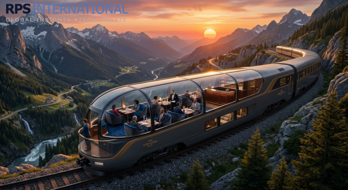 A luxury glass-domed train traveling through a scenic mountain landscape.