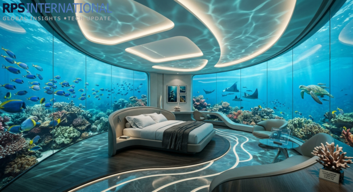 The Middle East Unveils the World’s First Deep-Sea Luxury Suites A luxury underwater hotel suite submerged in a coral reef in the Middle East.