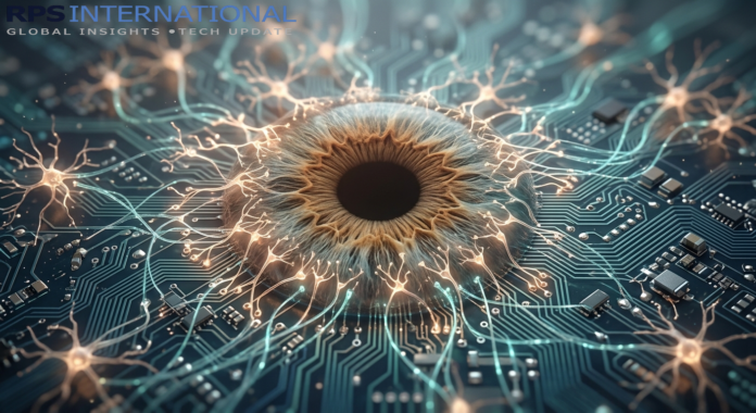 The New Frontier of Human Tech Close-up of an eye with digital circuitry patterns, representing the convergence of biology and technology.