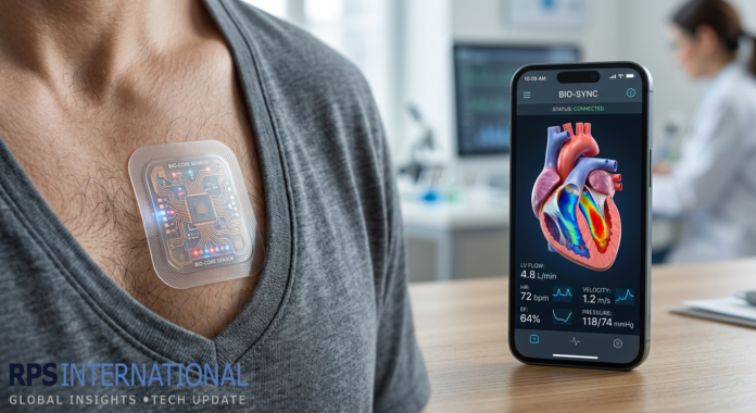 A person wearing a flexible ultrasound patch on their chest for real-time heart monitoring.