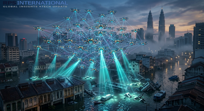 A swarm of rescue robots coordinating via collective AI to search a disaster zone.