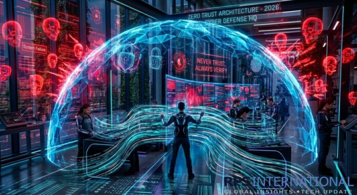 A symbolic digital battlefield showing a blue geometric shield defending against red AI-driven cyber threats.