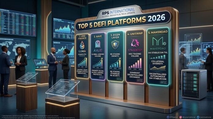 A 3D exhibition-style infographic titled "TOP 5 DEFI PLATFORMS 2026" featuring five vertical neon-lit panels. The panels showcase Lido Finance, Aave, Eigen Layer, Uniswap, and MakerDAO with growth charts and key performance metrics. Professional financial analysts are seen in the background of a modern, high-tech fintech center.