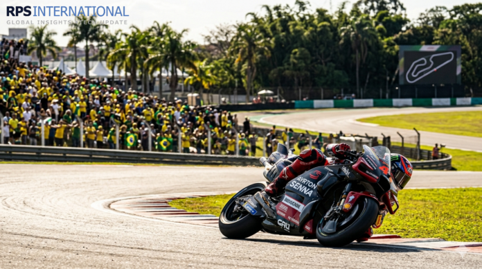 Marco Bezzecchi leading the pack at the 2026 Brazilian Grand Prix in Goiânia.