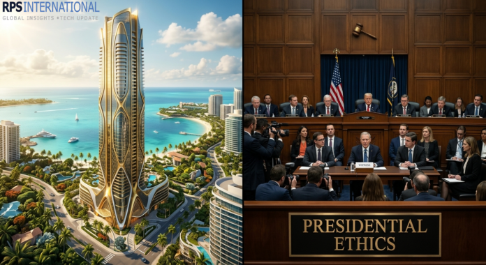 Graphic representation of the tension between Trump family international business deals and US presidential ethics.