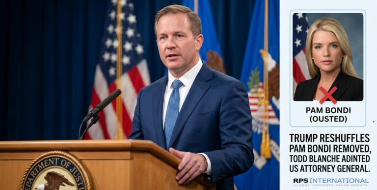Todd Blanche speaking at a Department of Justice podium alongside an inset portrait of Pam Bondi, illustrating the 2026 US Attorney General transition.