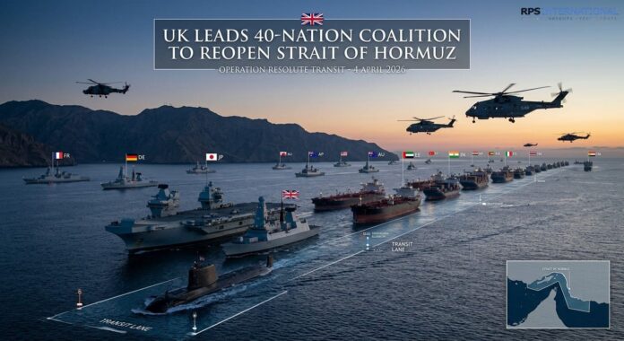 UK Leads 40-Nation Coalition to Reopen Strait of Hormuz A massive naval fleet led by a British aircraft carrier and a nuclear submarine escorting a long line of commercial tankers through the Strait of Hormuz. Multiple international warships with flags from France, Germany, Japan, and the US are visible, with military helicopters patrolling overhead at dusk.