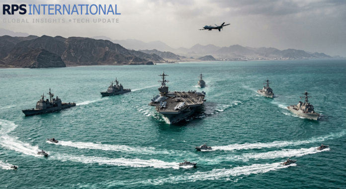 US Navy warships maintaining a blockade position near the Iranian coast.