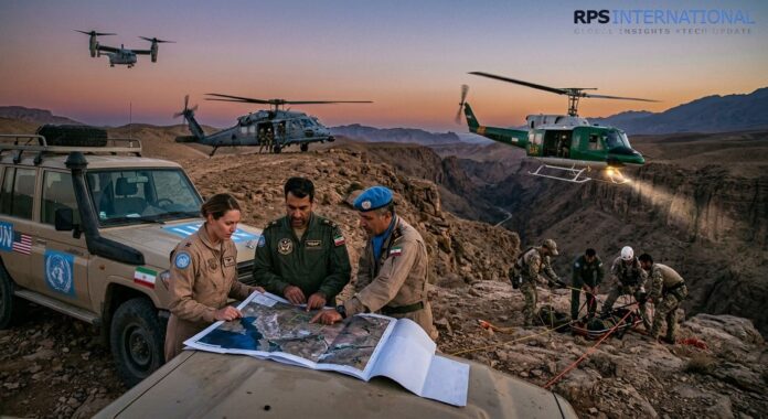 US and Tehran race to find missing pilot A high-stakes search and rescue scene in a desert canyon at dusk. A female US officer and two Iranian officers in flight suits study a map on a UN-branded vehicle. In the background, a US V-22 Osprey, a Black Hawk, and an Iranian SAR helicopter fly over a rugged mountain landscape where rescuers are using ropes