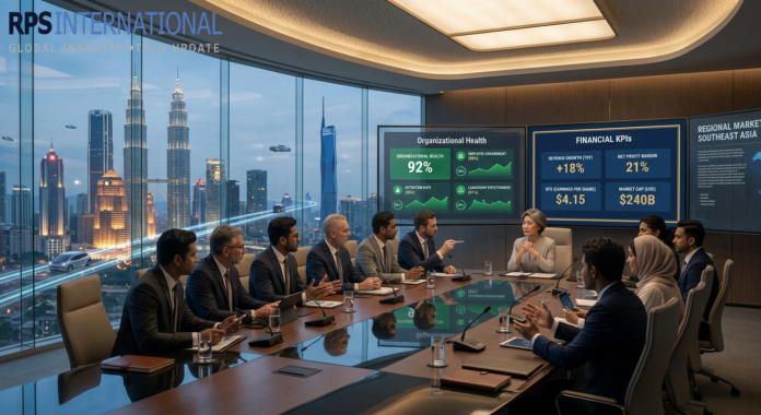 A modern CEO practicing mindful leadership during a high-level board meeting.