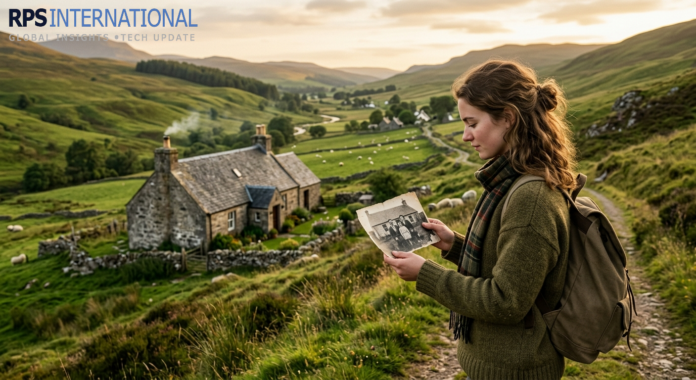 A traveler reconnecting with her ancestral homeland using a vintage family photo.