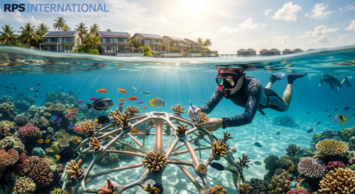 Why Tourists are Paying to Restore Coral Reefs in the Maldives A tourist participating in a coral reef restoration program in the Maldives.